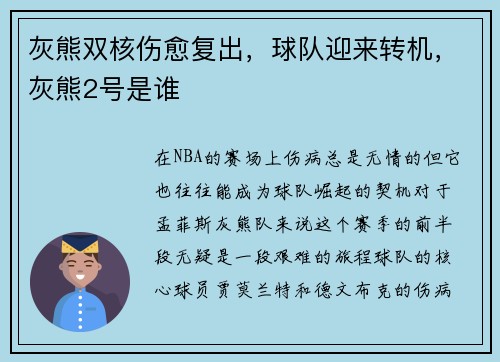 灰熊双核伤愈复出，球队迎来转机，灰熊2号是谁