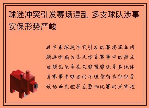 球迷冲突引发赛场混乱 多支球队涉事安保形势严峻